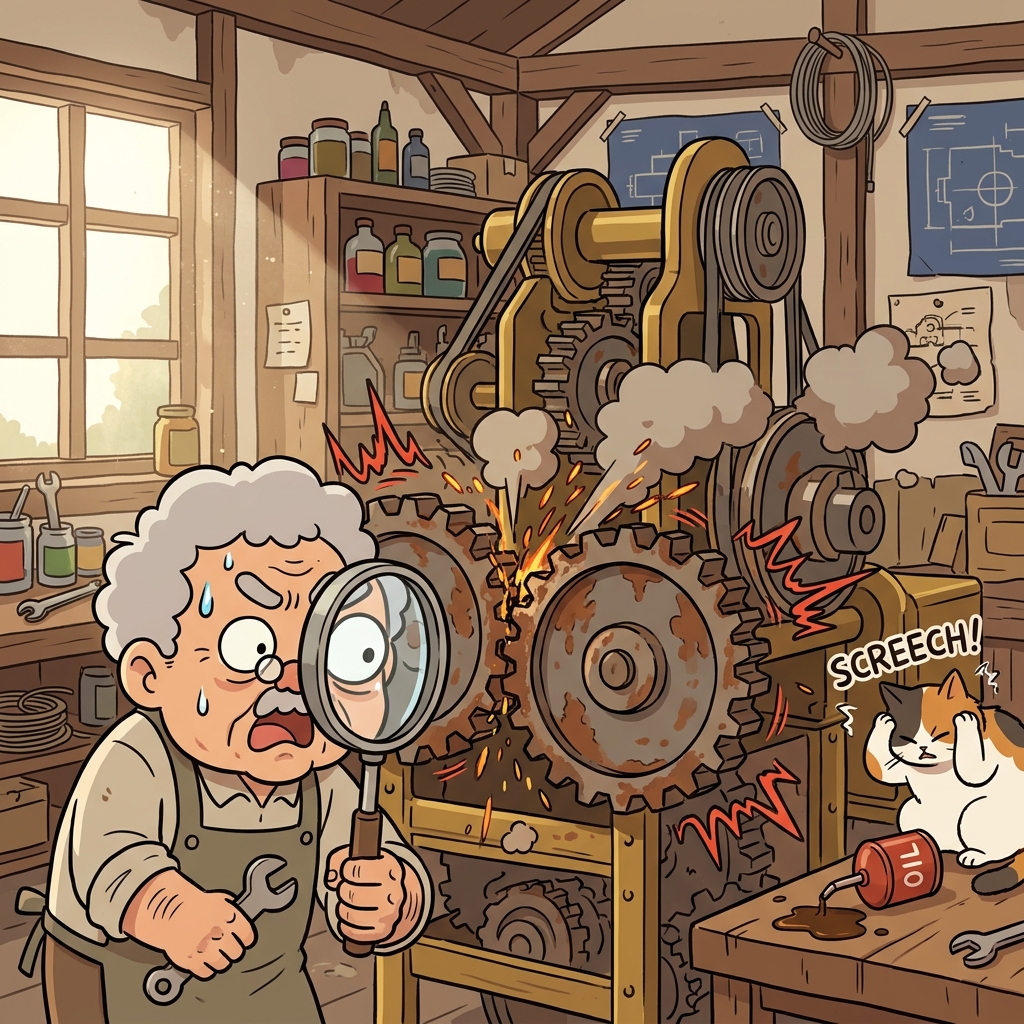 The mechanic shows how friction between the rusty gears slows the entire machine down.
