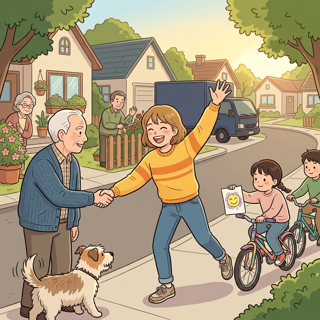 The new neighbor greets everyone with a friendly smile and warm handshake.