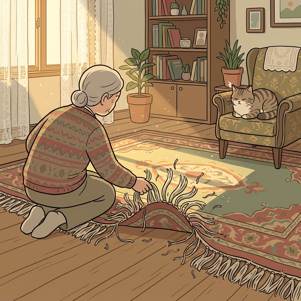 The fringe of the old rug curled up after years of foot traffic.