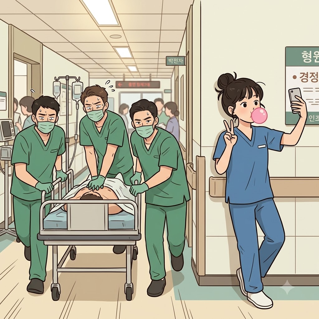 While the doctors rushed to save the patient, the nurse took a selfie, showing a completely frivolous attitude.
