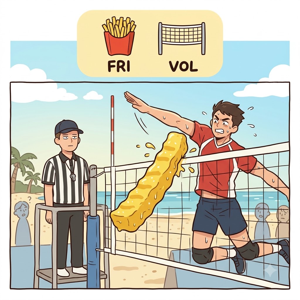FRI(fries) + VOL(volleyball) — playing a serious VOLleyball match using a giant french FRIe was a completely frivolous and silly idea.
