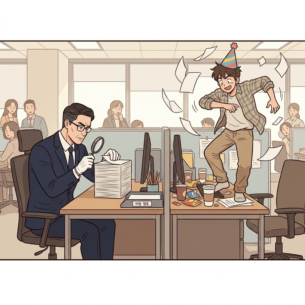 While the manager was highly meticulous, the worker's ridiculous dancing on the desk proved he was completely frivolous.