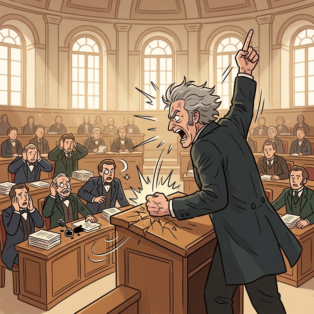 The senator began to fulminate against corruption, pounding the podium as his voice shook the chamber.