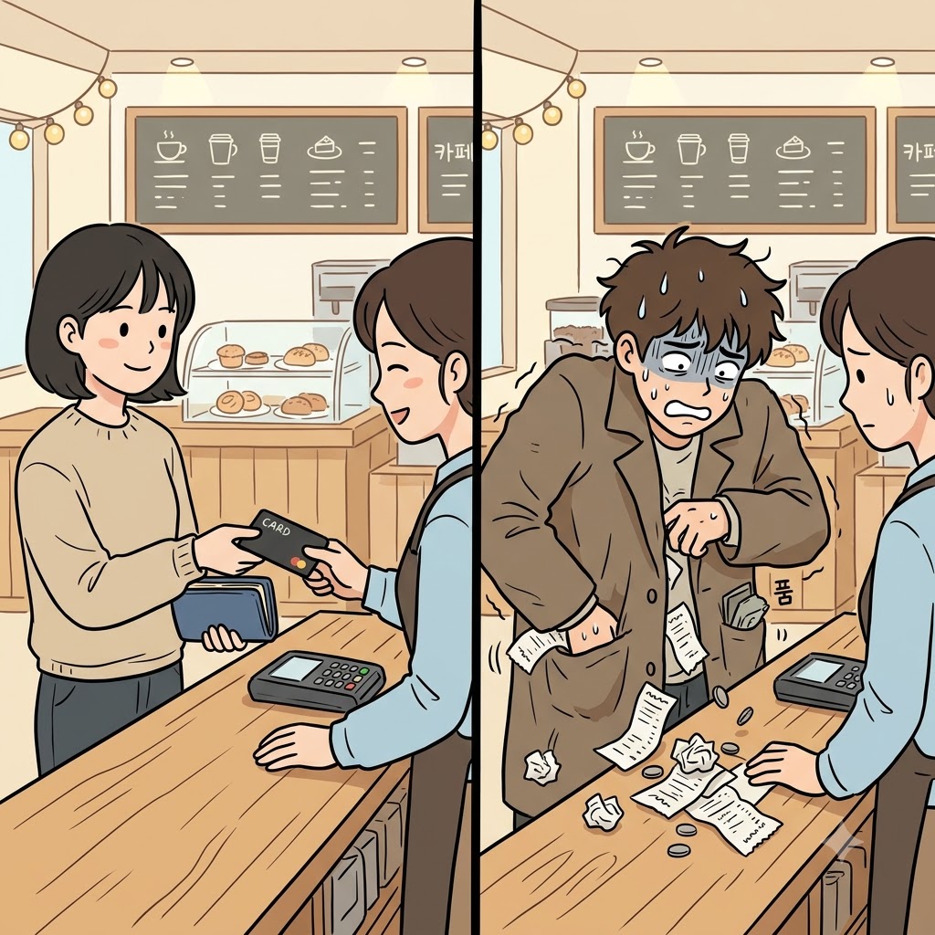 "품(fumb)속에 블(ble)랙 카드가 있는데!" 계산대에서 땀을 흘리며, 남자는 지갑을 찾기 위해 주머니를 마구 더듬거려야(fumble) 했다.