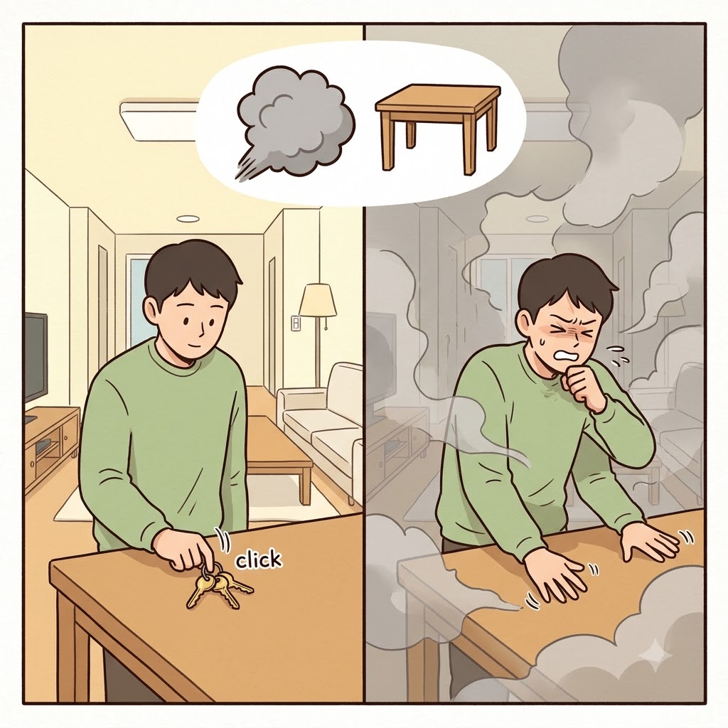 FUM(연기) + BLE(테이블) — 짙은 연기(FUM)에 시야가 가려져, 남자는 열쇠를 찾기 위해 테이블(BLE) 위를 보지 못하고 더듬거리기(fumble) 시작했다.