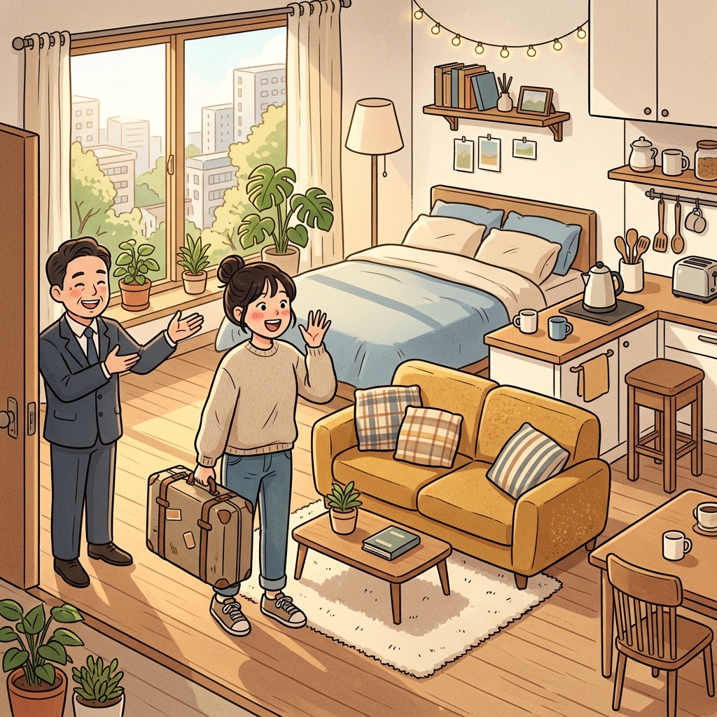 The apartment came fully furnished with a sofa, bed, and kitchen table ready to use.