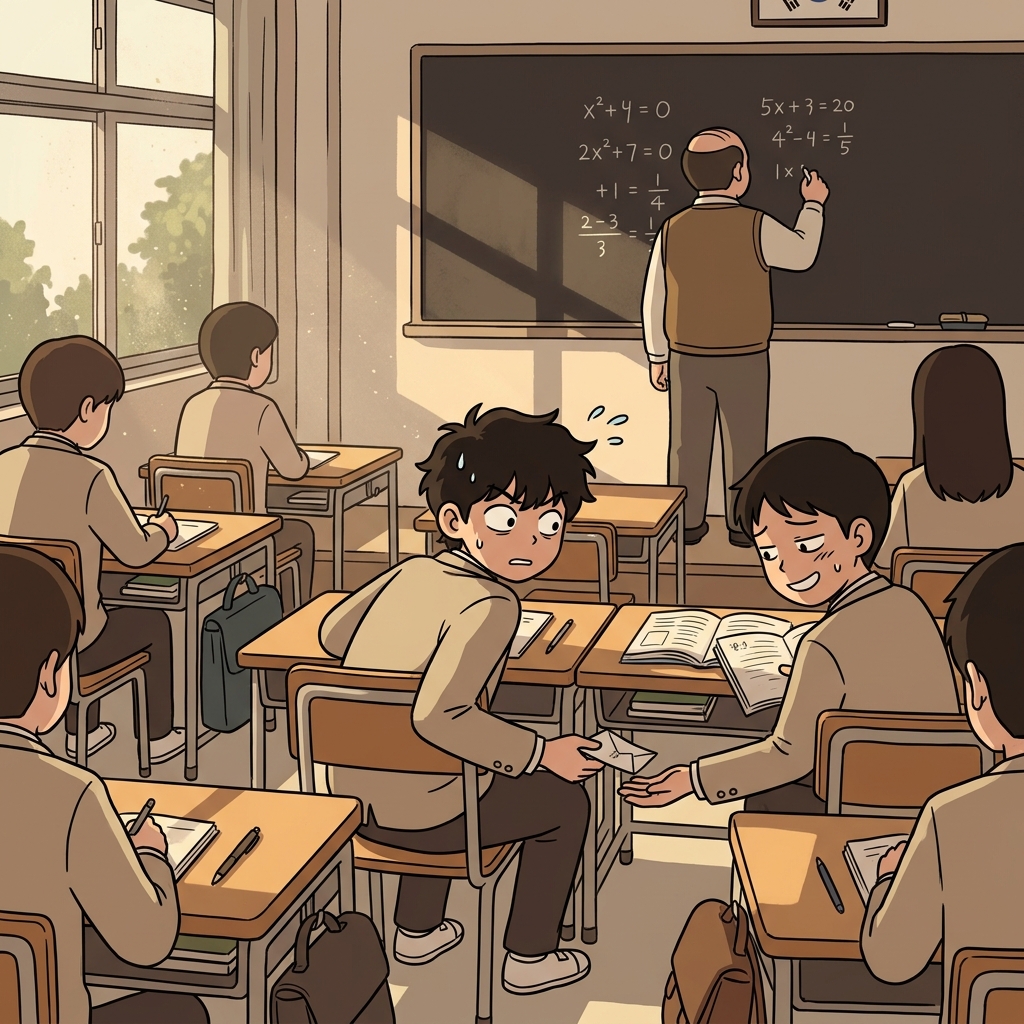 선생님이 뒤돌아선 순간, 그가 몰래 쪽지를 건넸다.