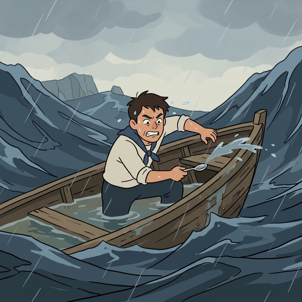 The panicked sailor aggressively scooped the water with a tiny teaspoon, a completely futile attempt to save the sinking boat.