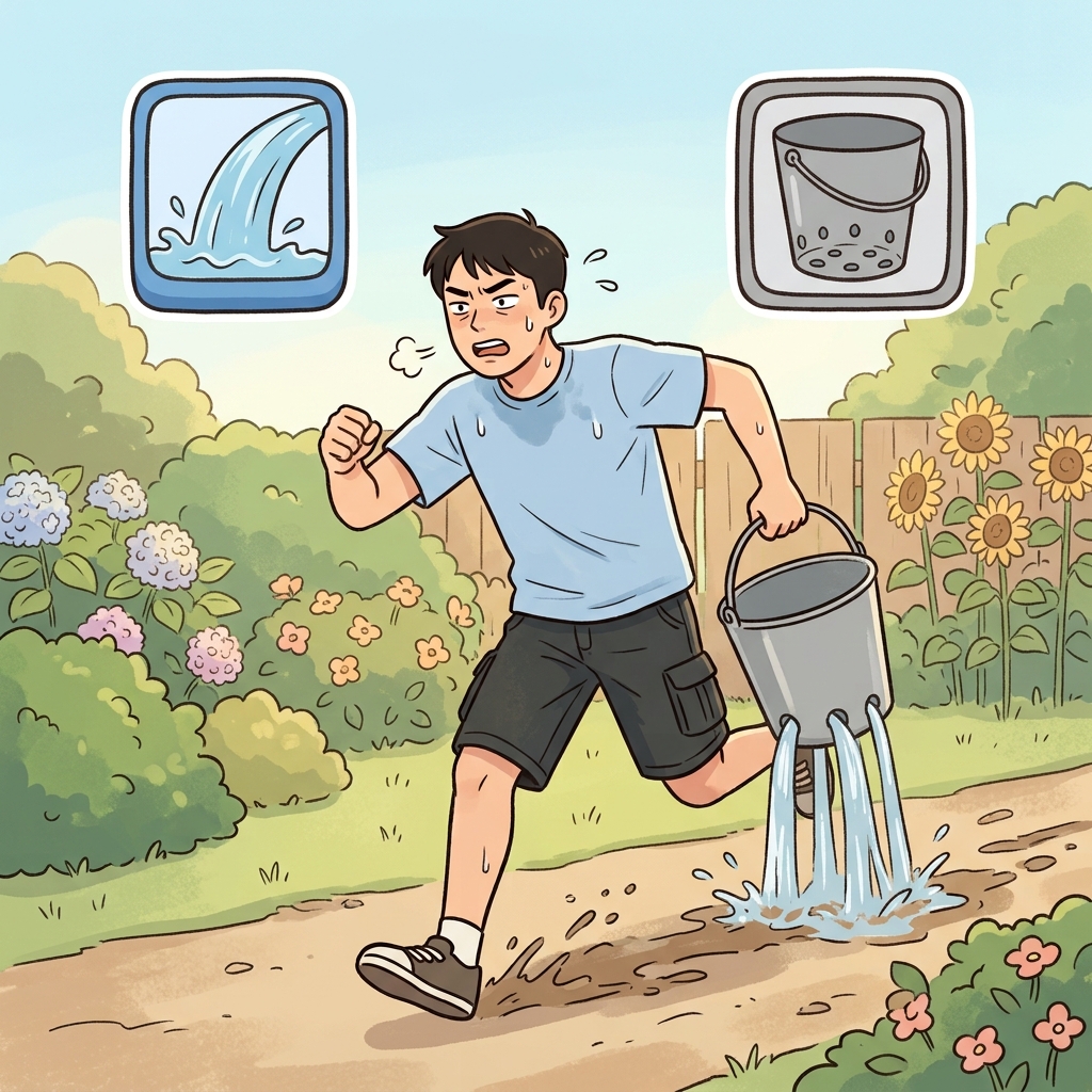 FUT(pour) + ILE(easily) — trying to carry water in a bucket where it easily pours out the bottom is completely futile.