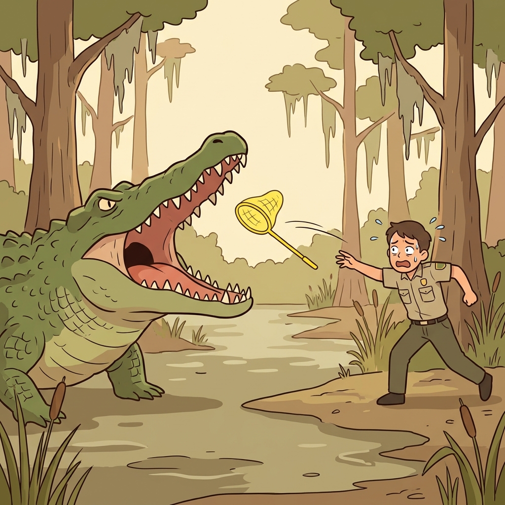 Throwing a tiny butterfly net at the massive, hostile reptile was a completely futile defense.