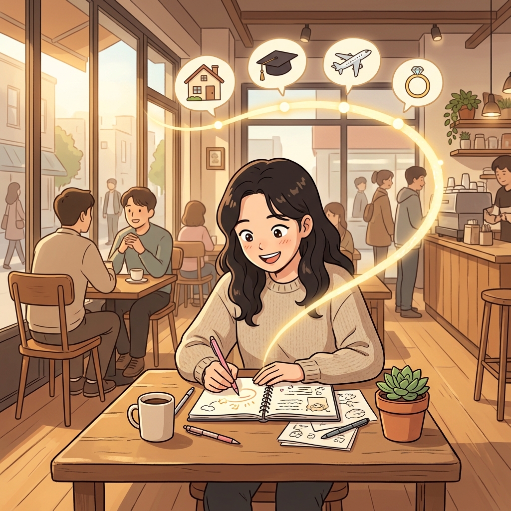 카페 구석에서 미래를 그려보며 계획을 스케치한다.