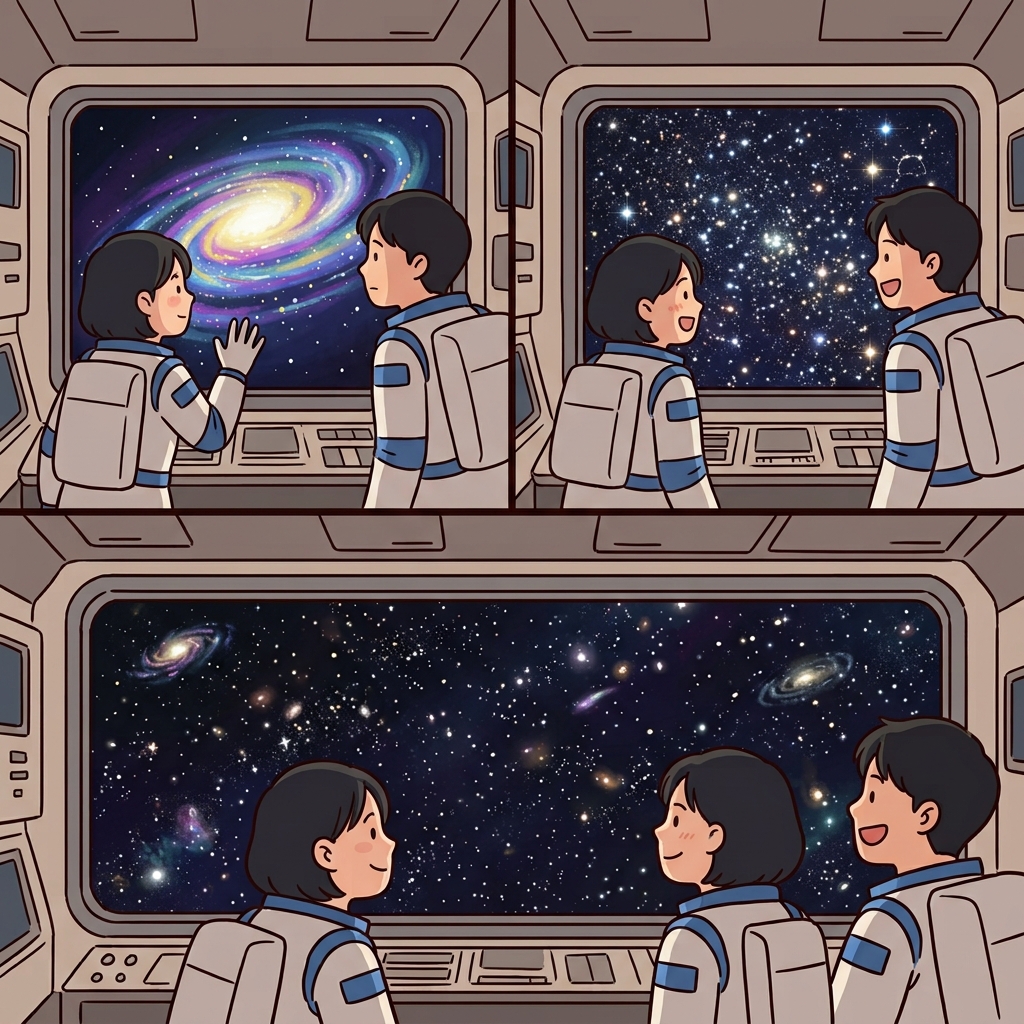 우주비행사들은 은하를 바라보고, 수많은 별을 감상하며, 드넓은 우주를 꿈꾸었다.