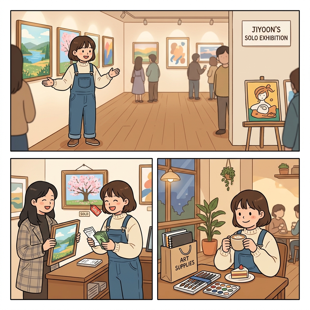 화가는 갤러리에서 그림을 팔아 돈을 벌었고, 마침내 작은 사치를 누렸다.