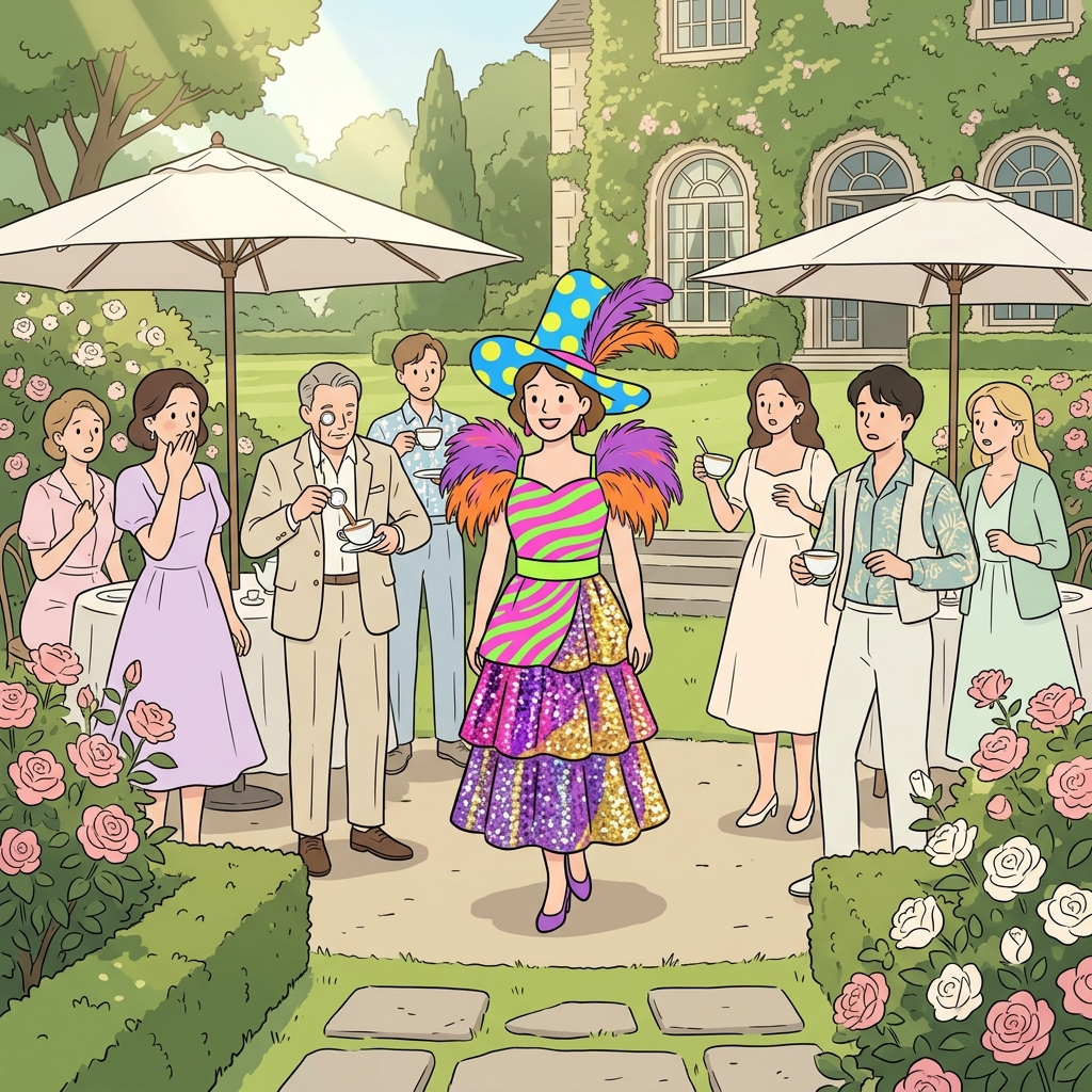 Her garish outfit stunned everyone at the quiet garden party.