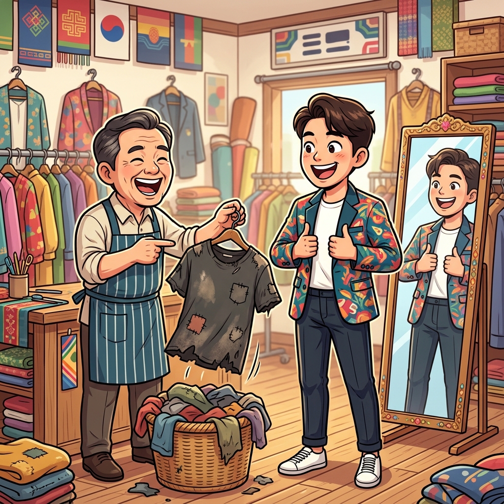 재단사는 "갈면 돼!"라며 낡은 옷을 새 의류로 갈아입었다. (낡은 옷은 갈면(바꿔 입으면) 새 garment(의류)가 된다.)