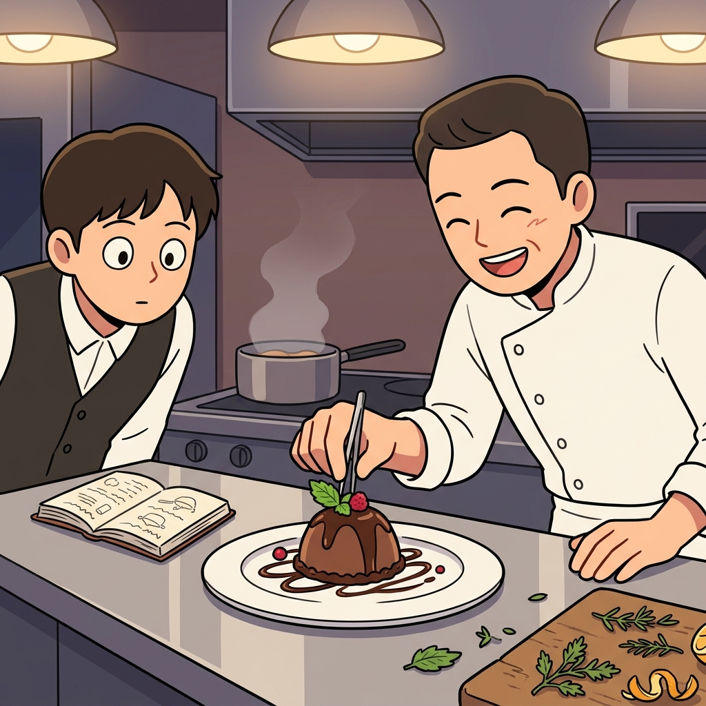 The chef adds a final garnish of fresh mint on top of the dessert.