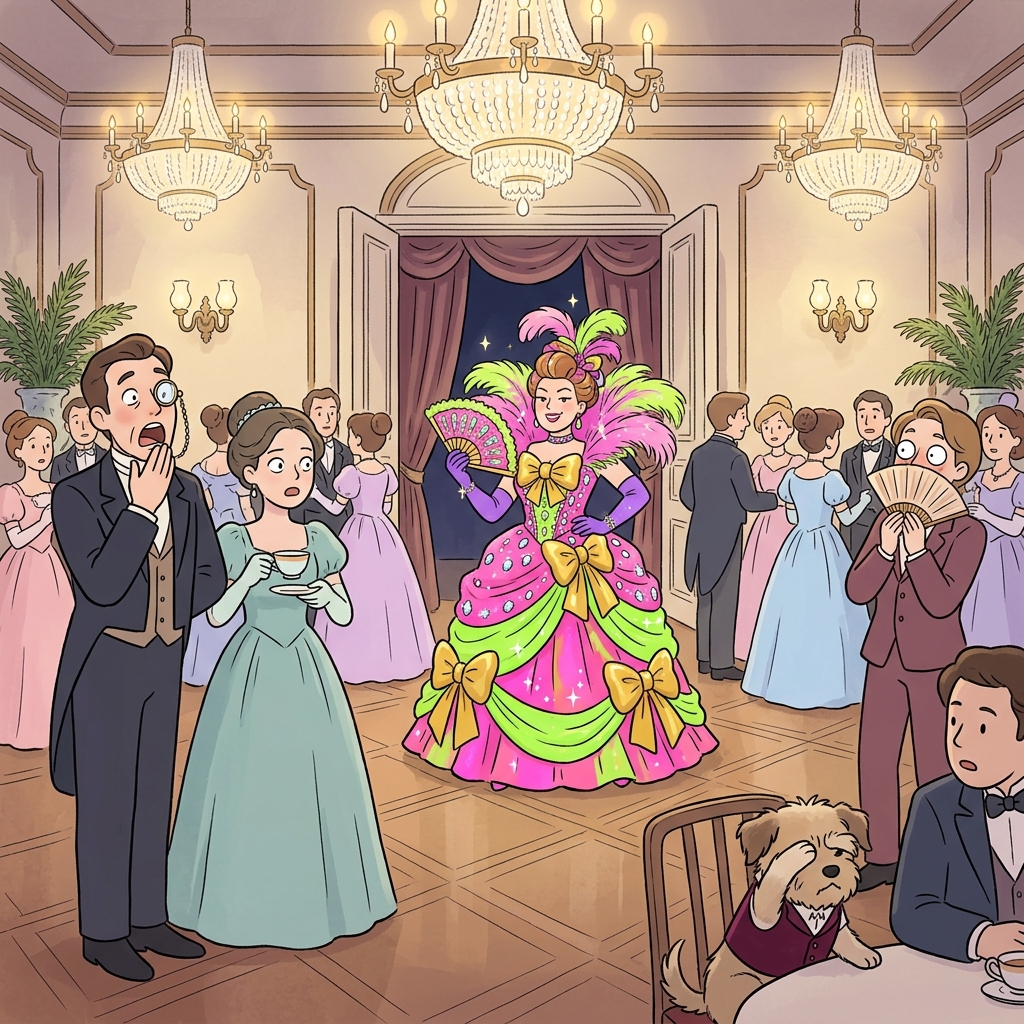 Her gaudy dress dazzles the entire ballroom with clashing neon colors.