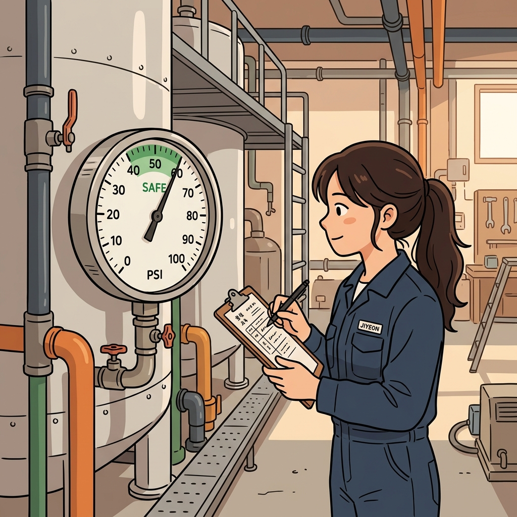 The engineer used a pressure gauge to measure the tank.