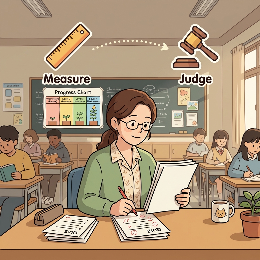 The teacher tried to gauge the students' understanding with a quiz. (📏 Measure + 🎯 Judge → Gauge)