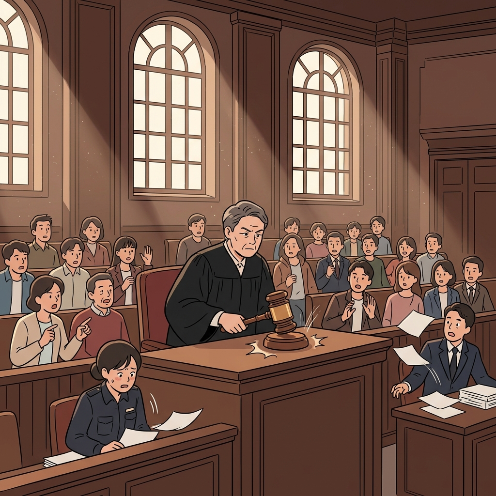 판사가 의사봉을 내리치자 시끄럽던 법정이 순식간에 조용해졌다.