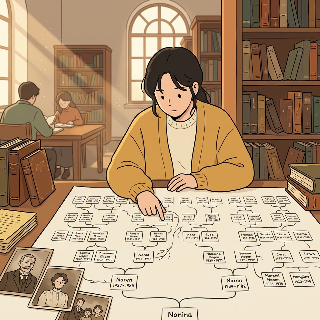 그녀는 오래된 기록실에서 5대조까지 가족의 계보를 추적하고 있다.