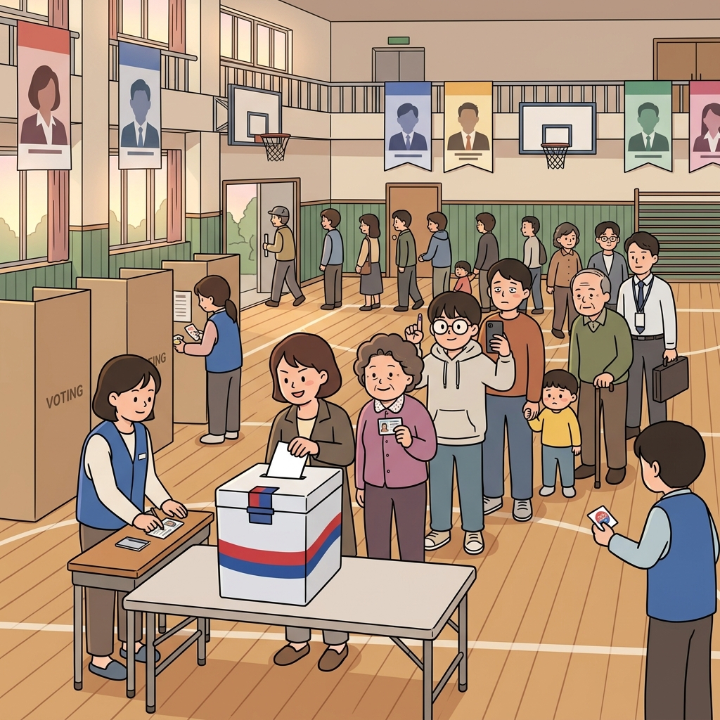 총선 날 새벽부터 사람들이 투표소 앞에 줄을 섰다.
