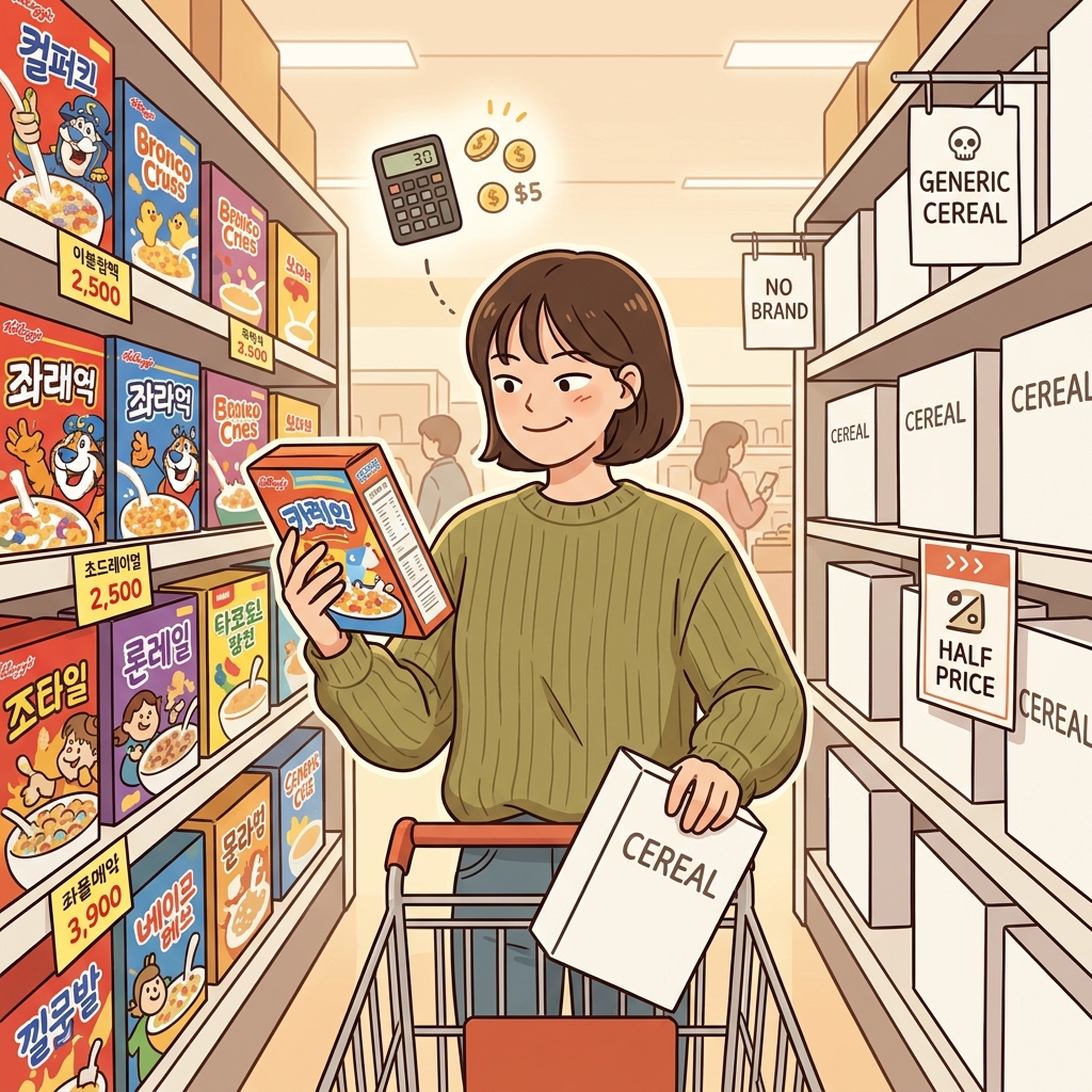 그녀는 몇 푼 아끼려고 무상표 시리얼을 골랐다.