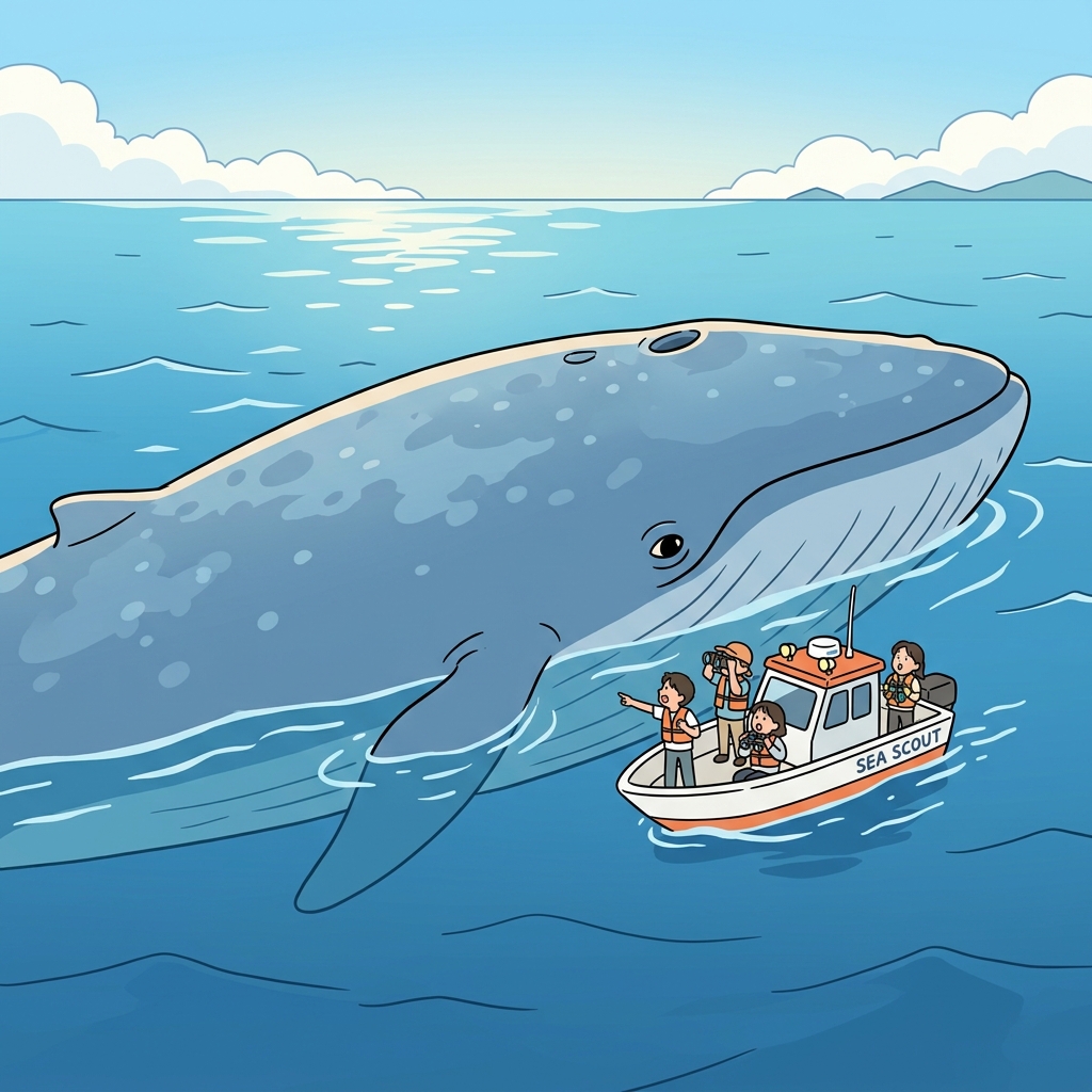 A gigantic whale swam beside the small research boat.