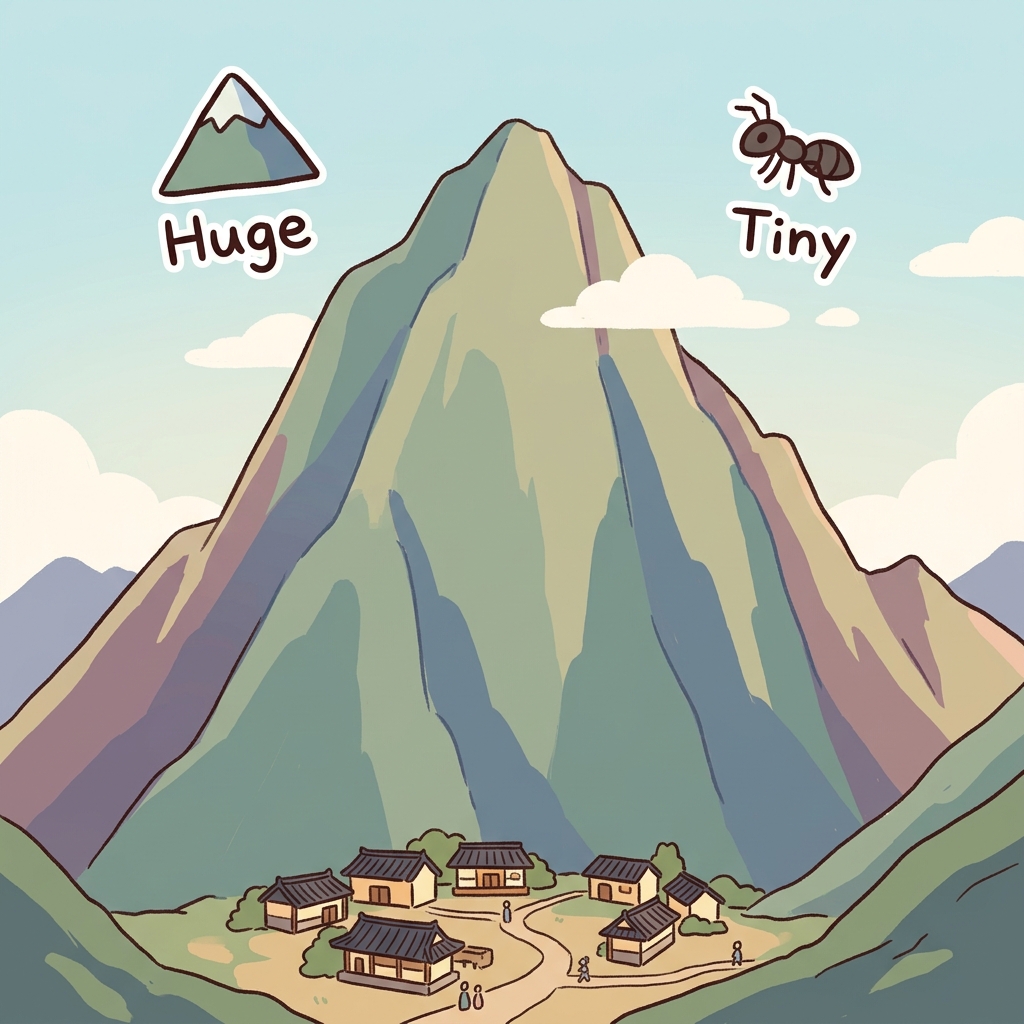 The gigantic mountain towered above the tiny village.