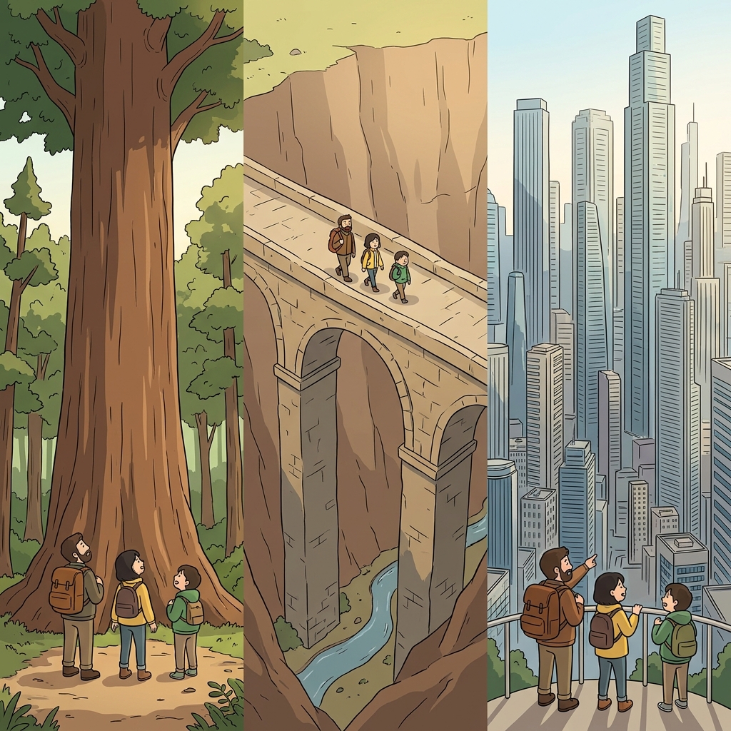 The explorers admired a gigantic tree before entering a gigantic city.