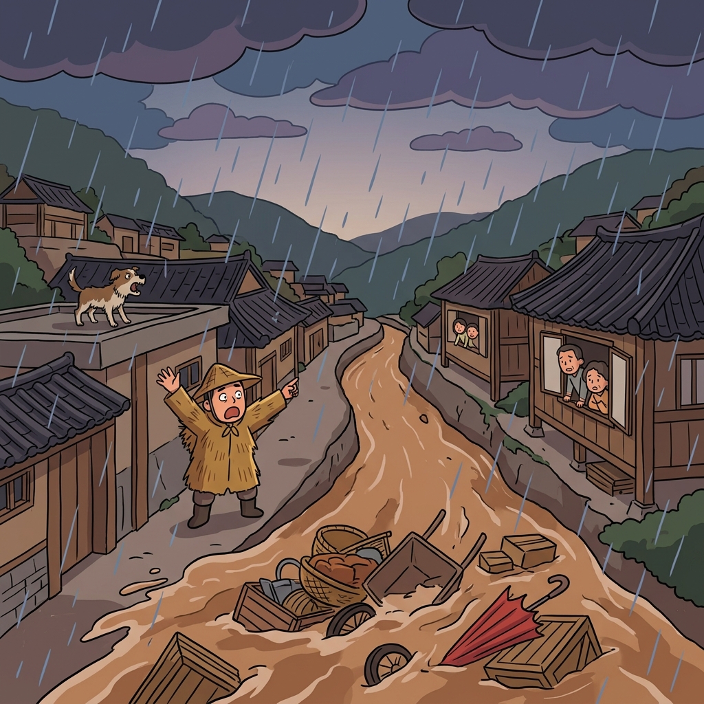 Heavy rains give rise to a sudden flood in the valley village.