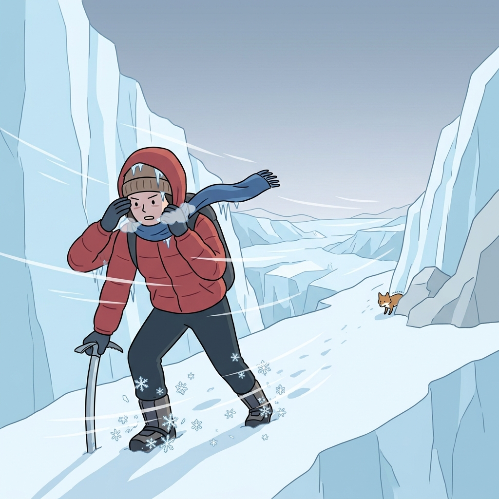The glacial wind cut through her jacket as she climbed the icy ridge.