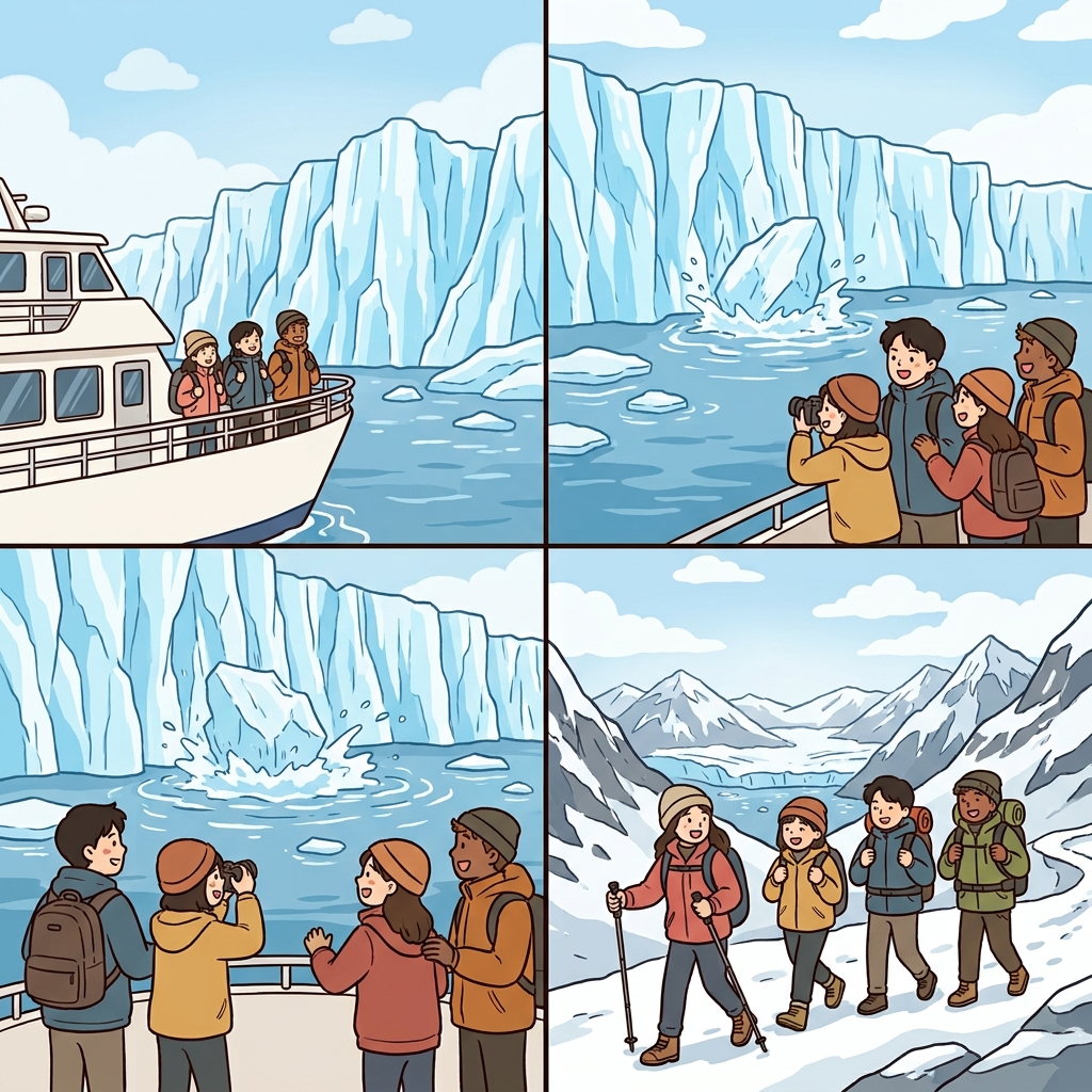 The explorers admired the glacial scenery in Glacier Bay before continuing their adventure.