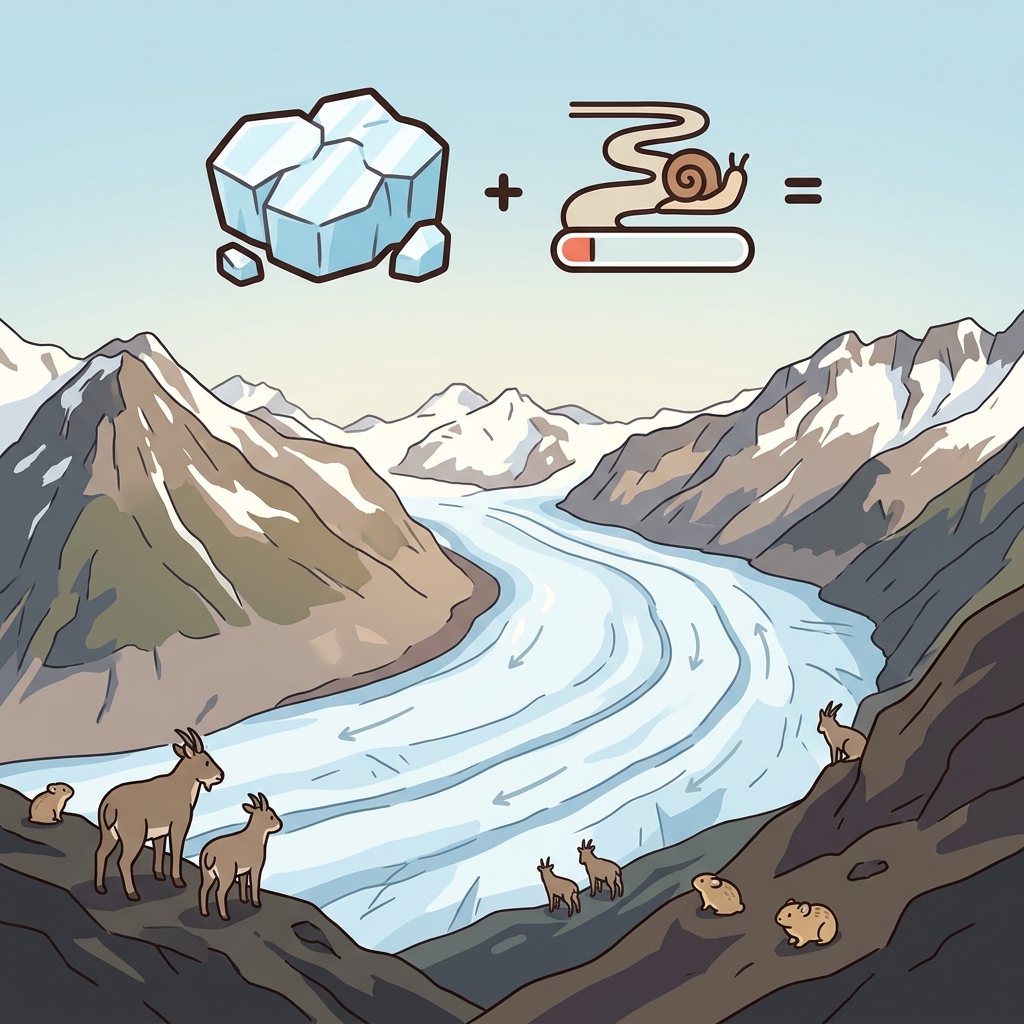 The glacier shaped the valley over thousands of years. (🧊 Huge Ice + 🏔️ Slow Movement → Glacier)