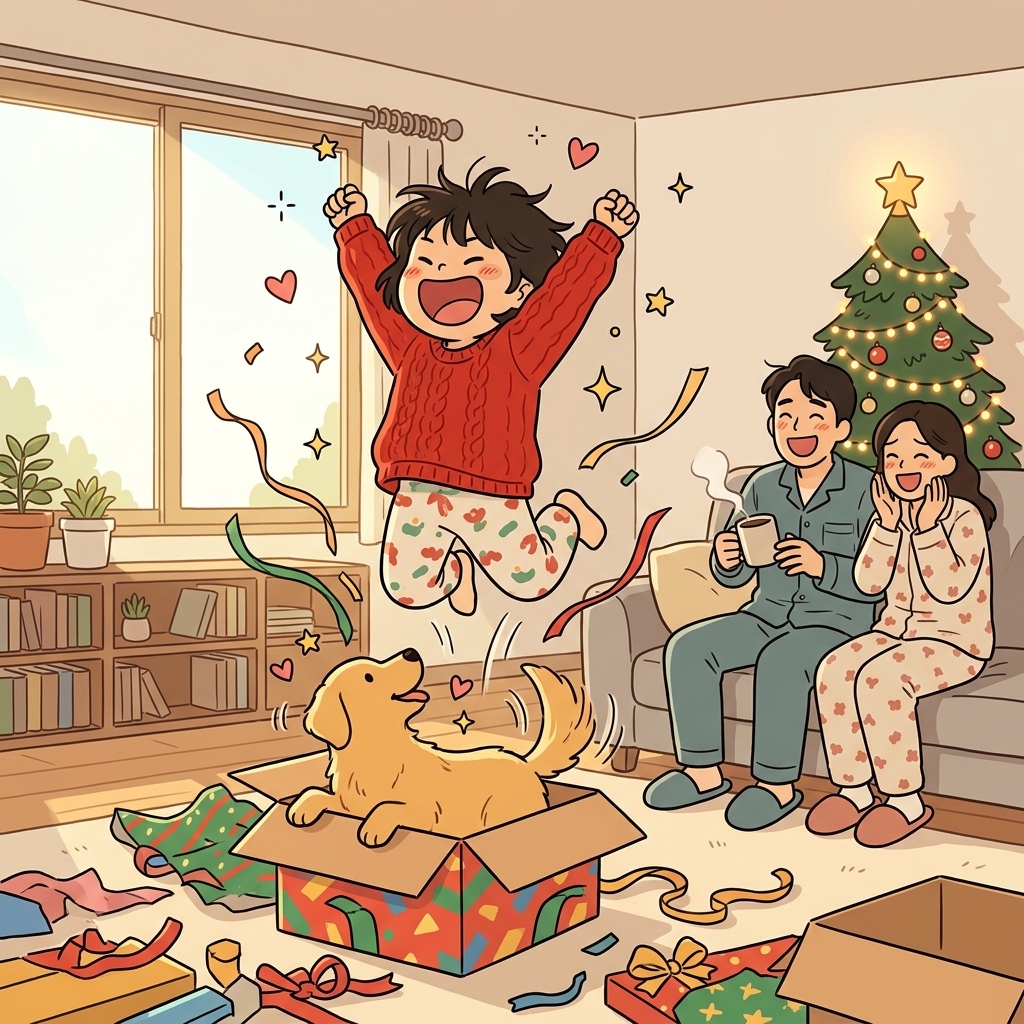 The child jumps with pure glee after unwrapping the puppy.