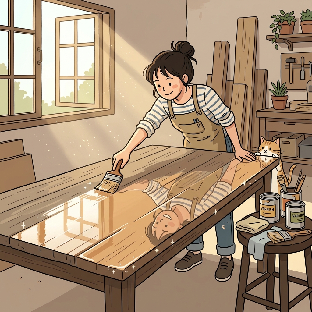 She applied a shiny gloss to the wooden table, making it reflect the sunlight.