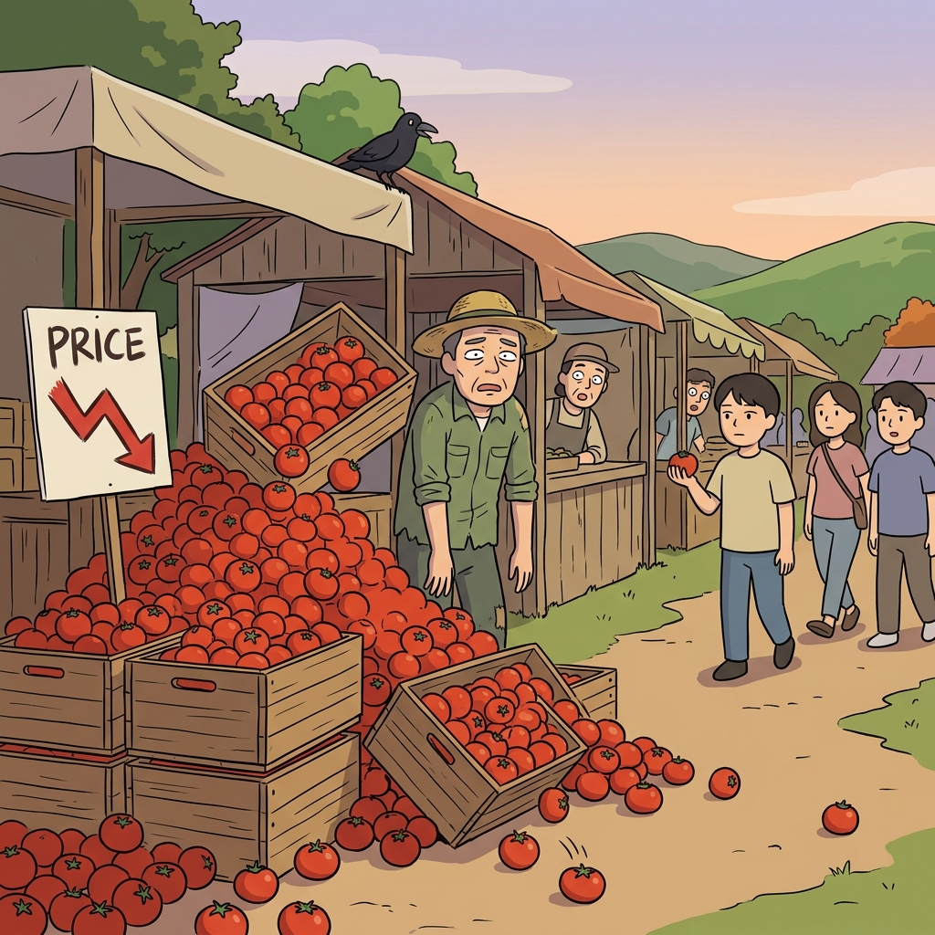 A sudden glut of tomatoes left the farmer buried in unsold crates.