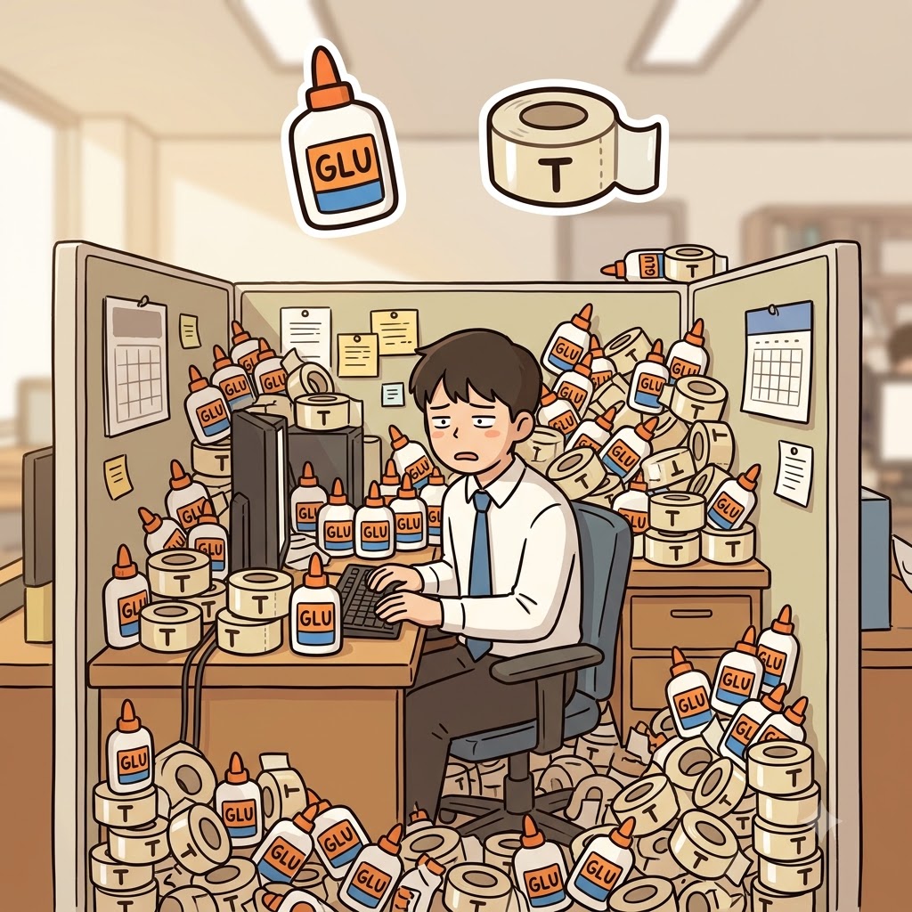 GLU(glue) + T(tape) — accidentally ordering way too much GLUe and Tape created a messy, unmanageable glut in the small office.