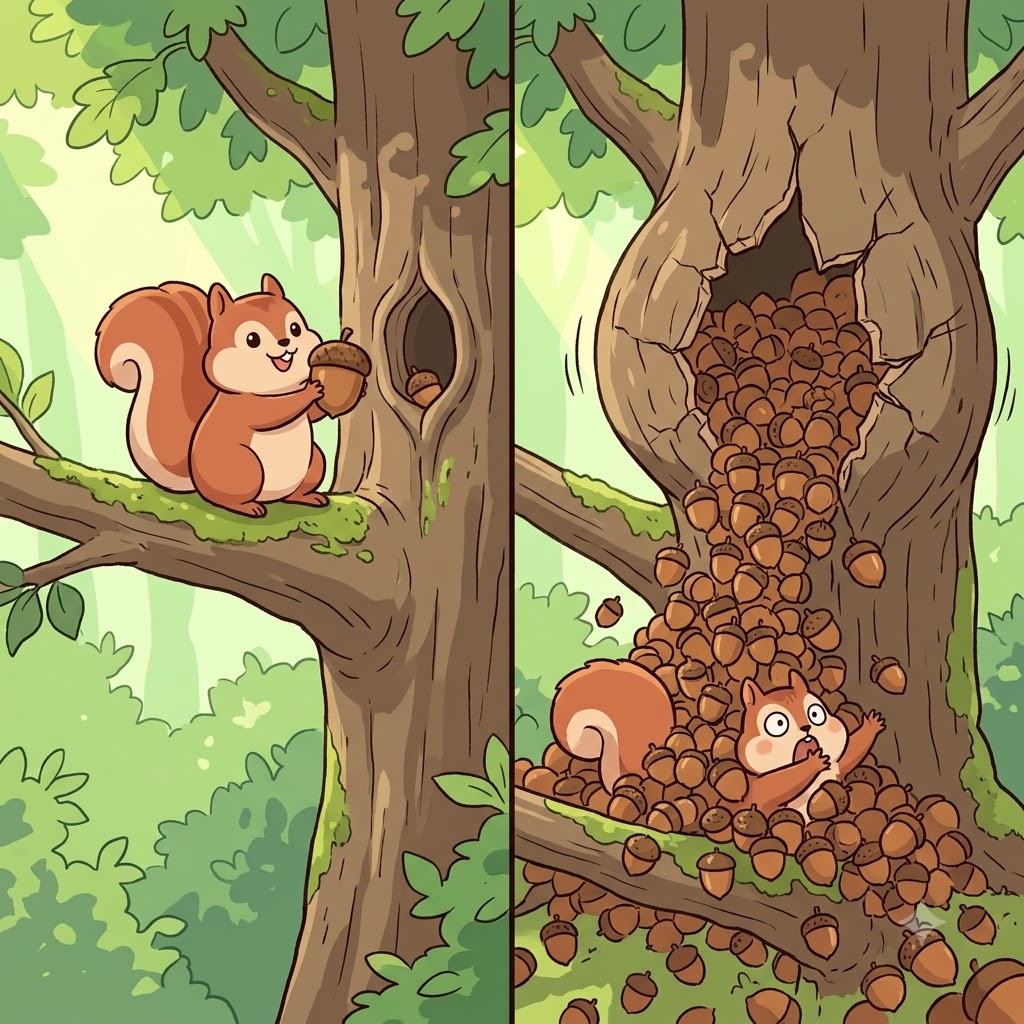 Gathering every single nut in the forest, the greedy squirrel caused a massive glut that violently exploded his tiny tree.