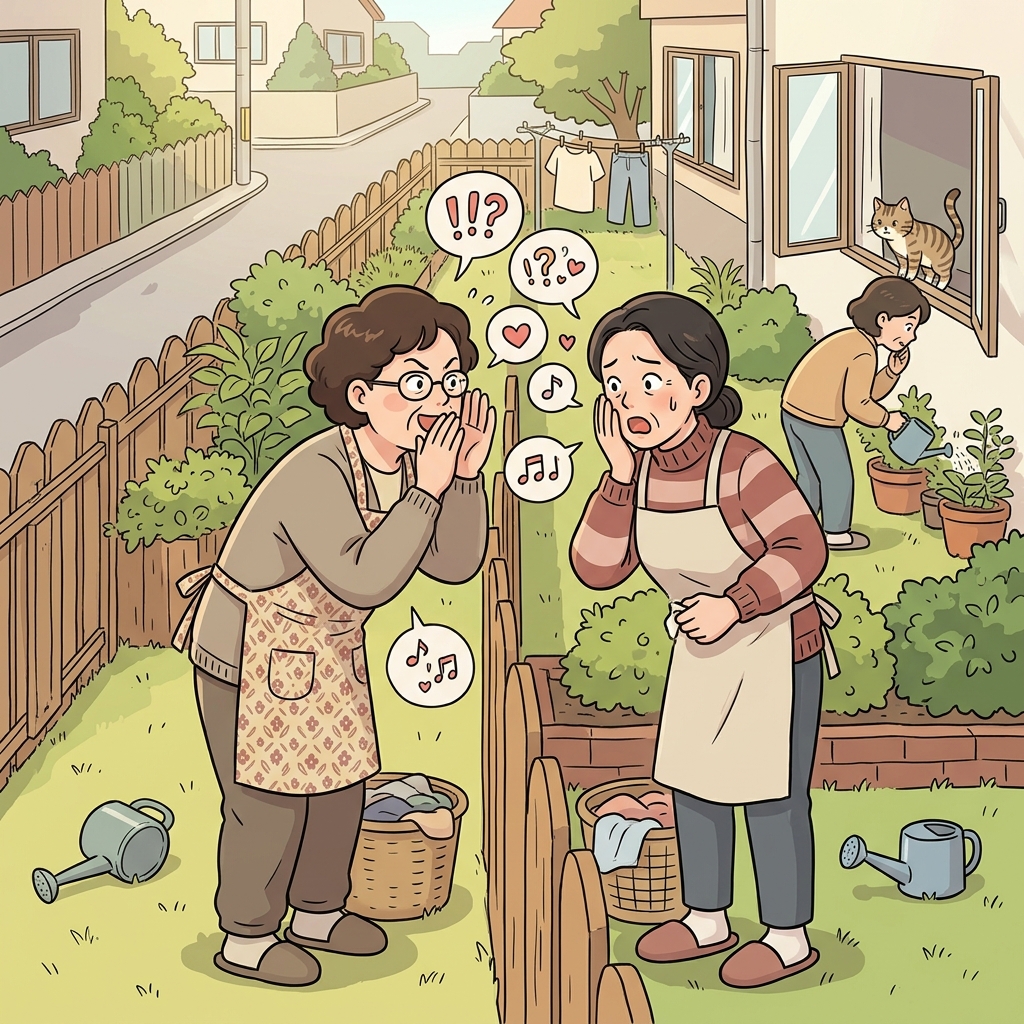Two neighbors gossip over the fence about who's dating whom.