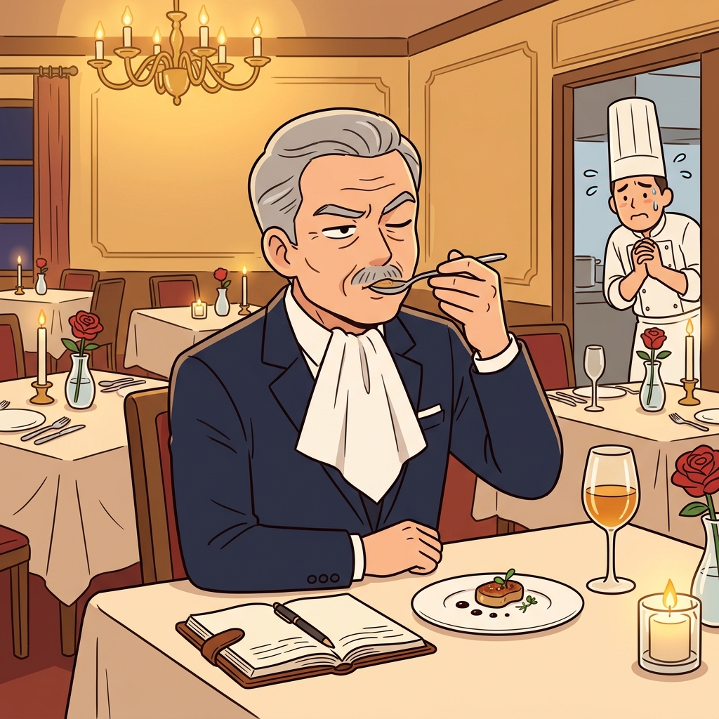 The gourmet critic savors every bite, judging the chef's masterpiece with a slow, thoughtful nod.