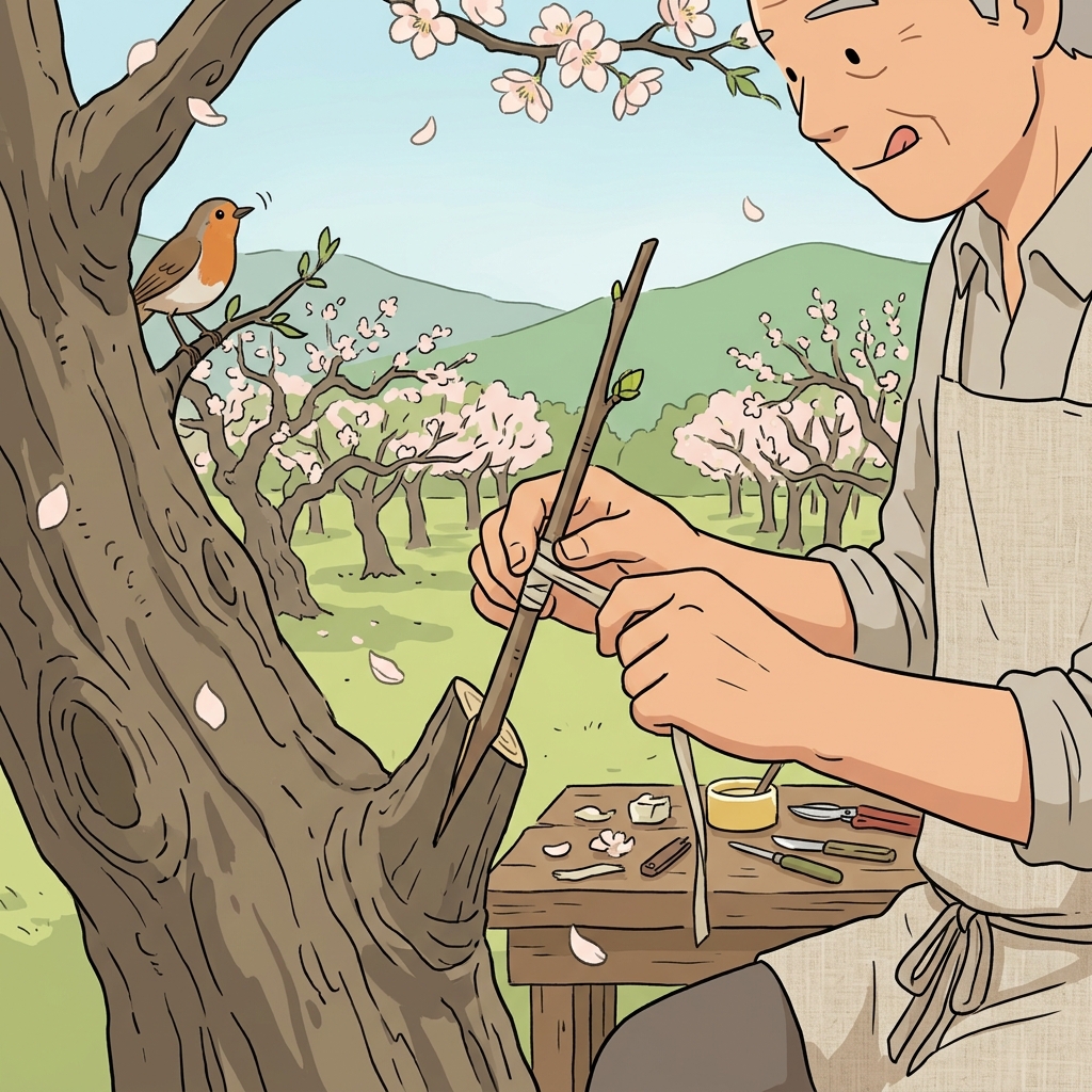 The gardener performs a delicate graft, joining a young branch onto the old apple tree.