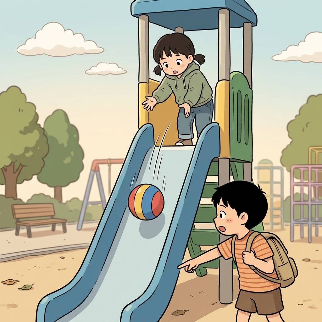 공은 중력 때문에 아래로 떨어졌다. ("끌어(Grab)!" → 아래로 끌어당기는 힘)