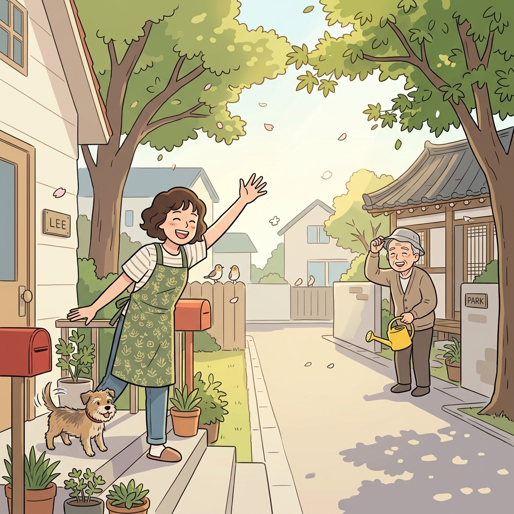 She waves a warm greeting to her neighbor across the street.