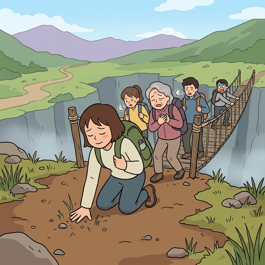 흔들다리를 겨우 건넌 등산객들이 드디어 단단한 땅을 밟았다.
