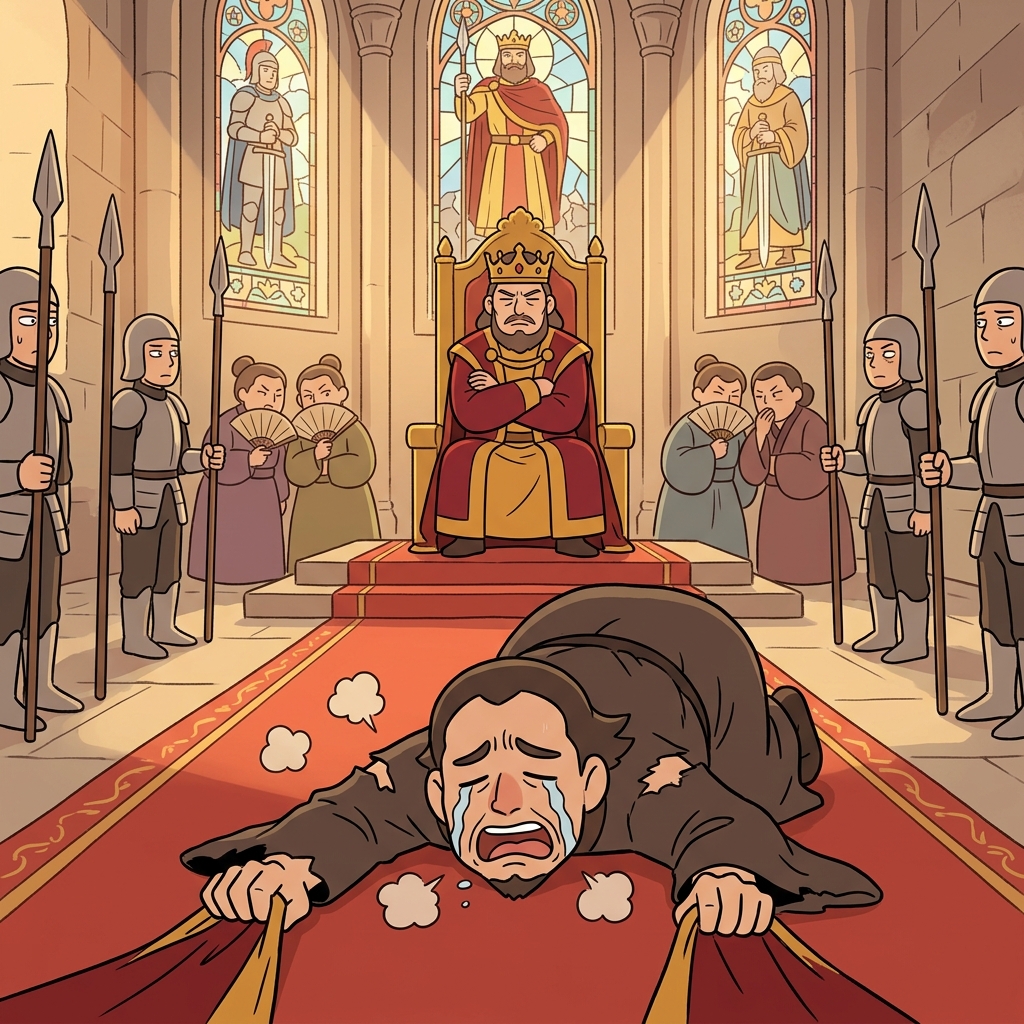 The disgraced minister grovels before the king, begging for mercy on his knees.