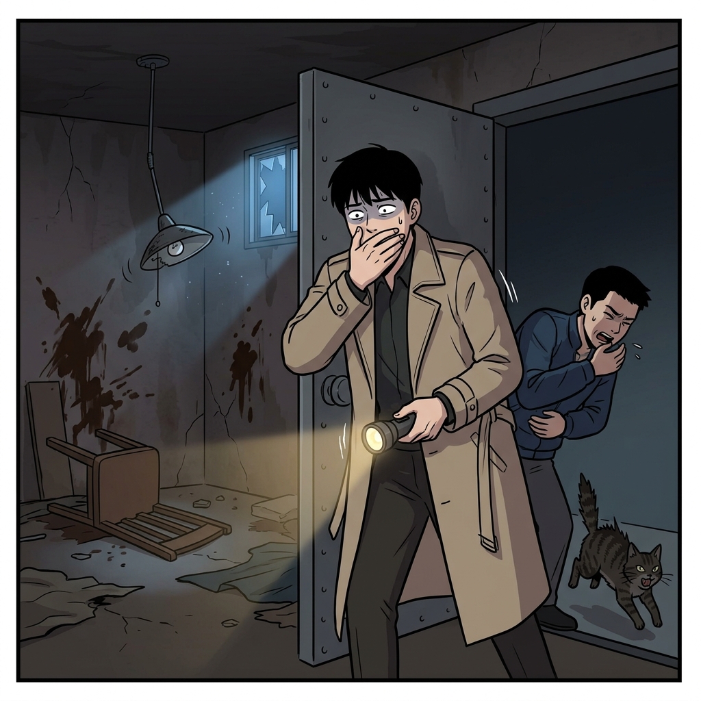 The detective froze at the gruesome crime scene behind the warehouse door.