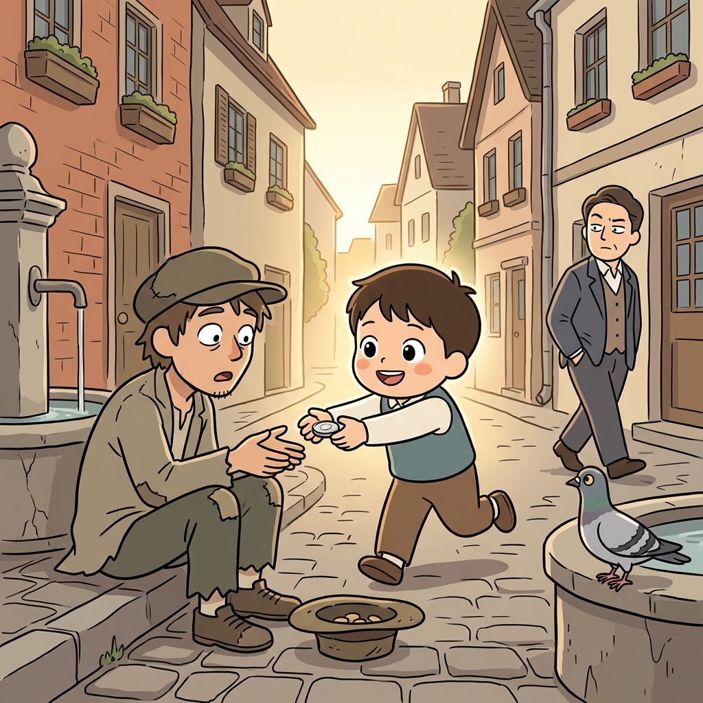The guileless child hands his last coin to a stranger without hesitation.