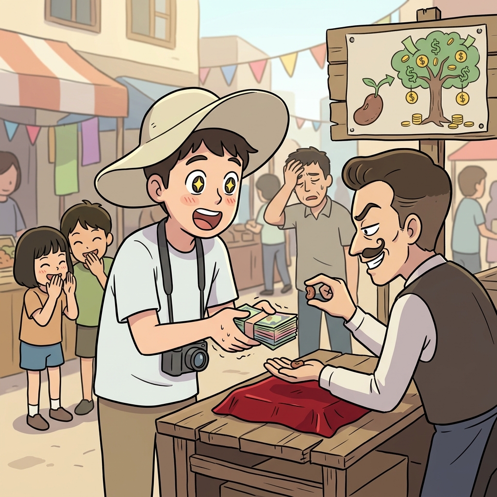 그 관광객은 요술 콩이 돈나무가 된다는 말을 진짜로 믿어버렸다.