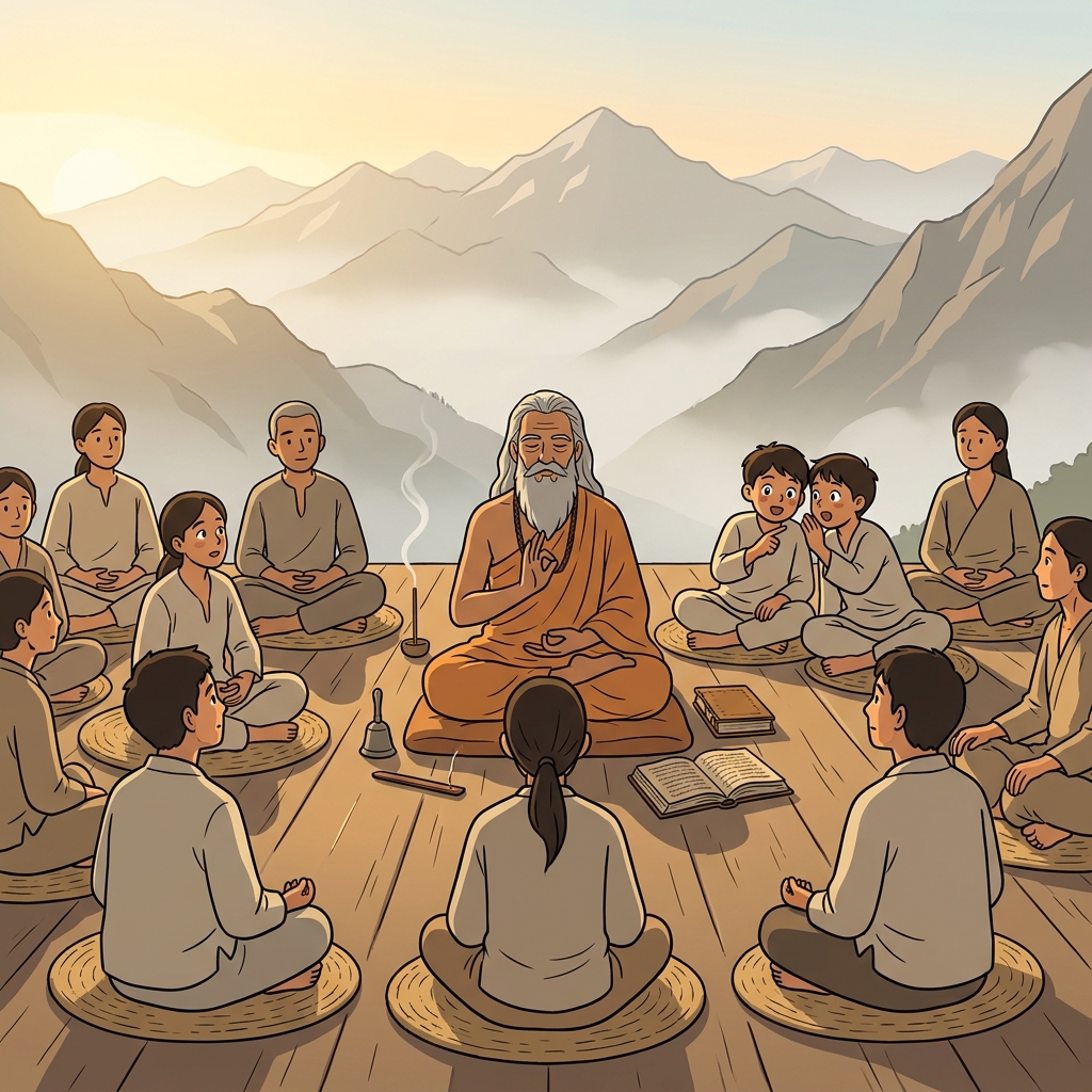 요가 구루가 산 위 테라스에서 제자들을 이끌고 있다.